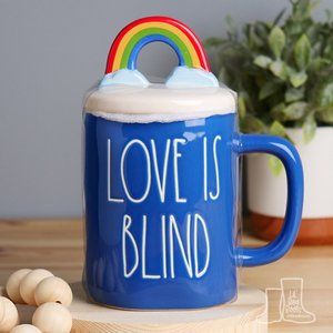 Rae Dunn LOVE IS BLIND Blue Ceramic Mug with Rainbow Topper 16oz